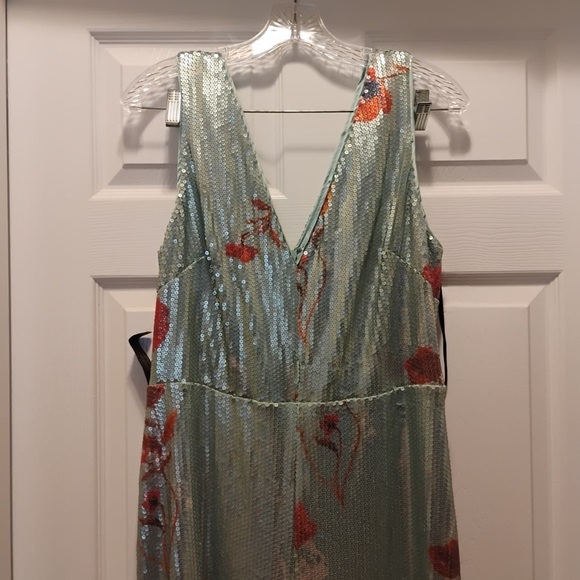 NWT Bebé Printed Sequin Jumpsuit Teal Elia Floral Stunning Classy Size 12 - Picture 5 of 12